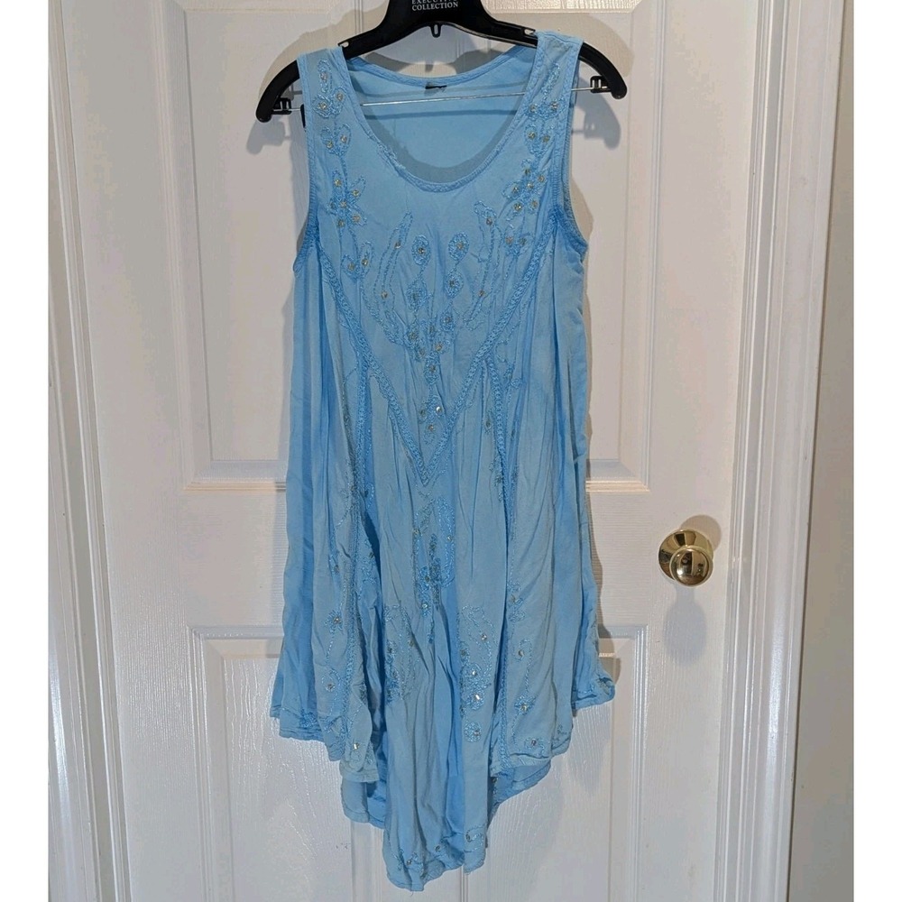 Boho Festival Embroidered Sequin Swing Tunic Dress Sky Blue Sleeveless